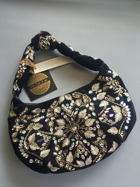 From India To You Embellished Black Velvet Handbag